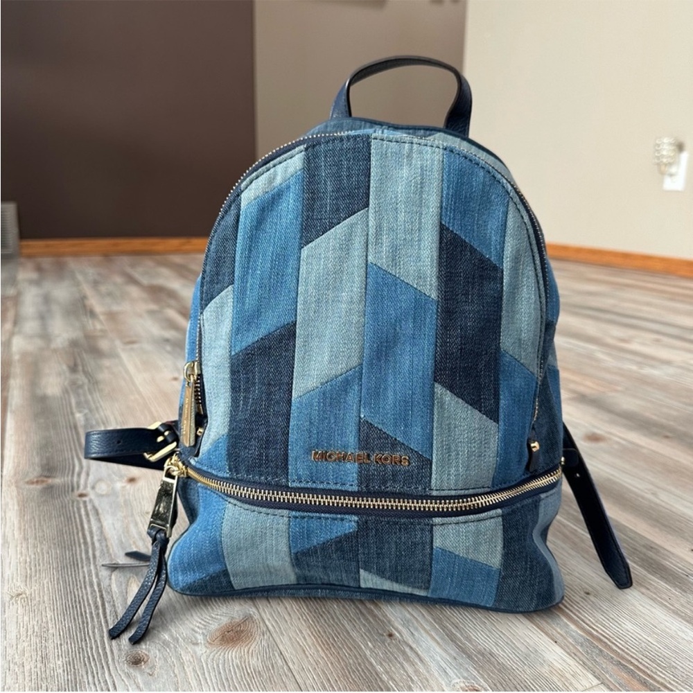 Michael Kors Rhea Gold Zipper Denim Patchwork Medium/Small Like-New Backpack